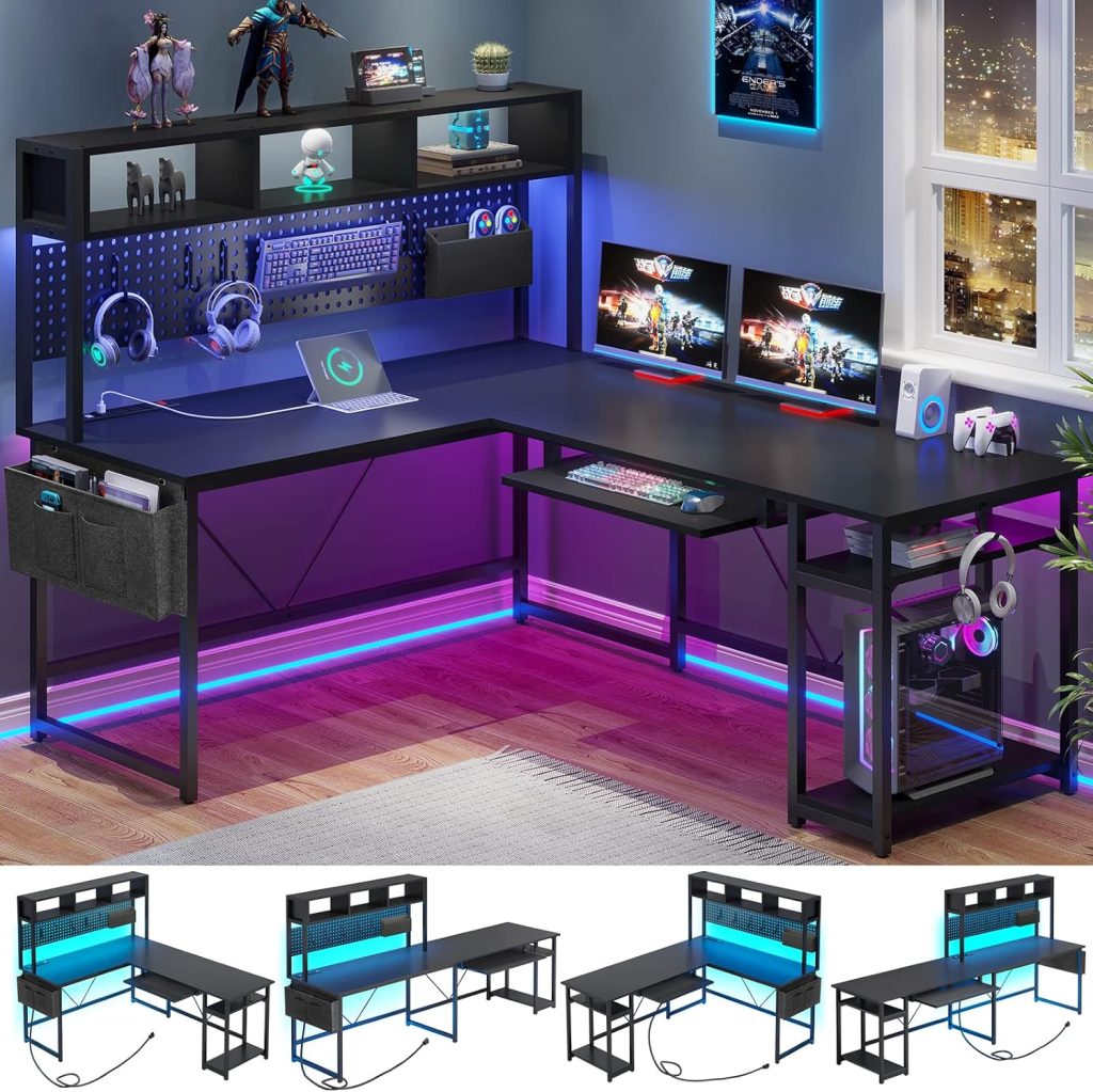 SEDETA L Shaped Gaming Desk, Reversible Computer Desk with Power Outlet and Pegboard, Gaming Desk with Led Lights, Keyboard Tray and Storage Bag for Home Office, Black SEDETA L Shaped Gaming Desk, Reversible Computer Desk with Power Outlet and Pegboard, Gaming Desk with Led Lights, Keyboard Tray and Storage Bag for Home Office, Black