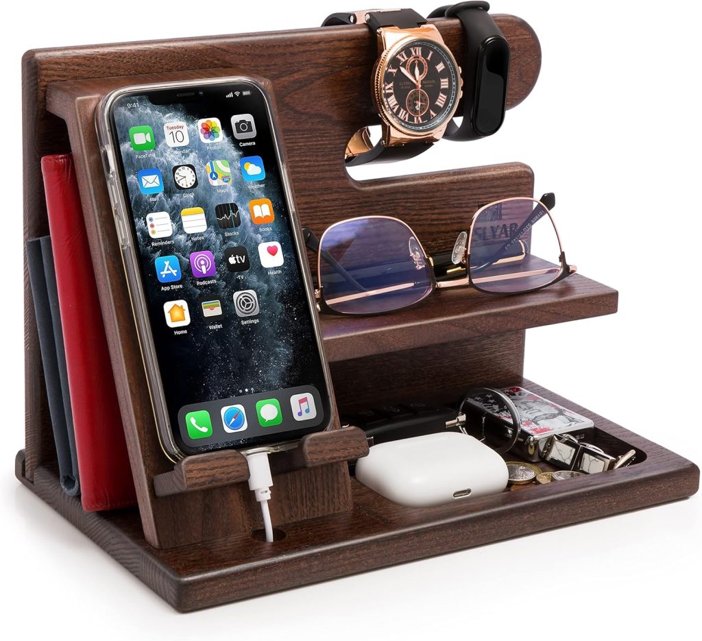 TESLYAR Wood Phone Docking Station – Nightstand Organizer – Desk Organizer for Husband – Birthday Gifts for Men, Dad – Idea for Anniversary from Wife – Key Holder – Stand Wallet & Watch (Deep Brown) TESLYAR Wood Phone Docking Station – Nightstand Organizer – Desk Organizer for Husband – Birthday Gifts for Men, Dad – Idea for Anniversary from Wife – Key Holder – Stand Wallet & Watch (Deep Brown)