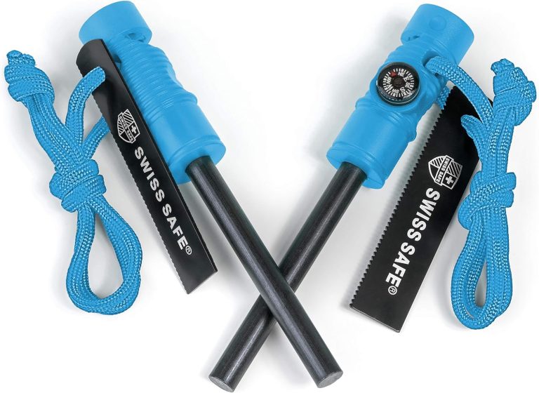Swiss Safe 5-in-1 Magnesium Ferro Rod Fire Starter Survival Tool – Flint & Steel Striker, Compass, Paracord & Whistle – Emergency Kit for Backpacking, Camping, Hiking – All-Weather