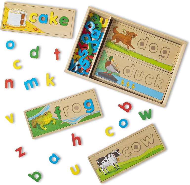 Melissa & Doug See & Spell Wooden Educational Toy With 8 Double-Sided Spelling Boards and 64 Letters Preschool Learning Activities, See & Spell Learning Toys For Kids Ages 4+