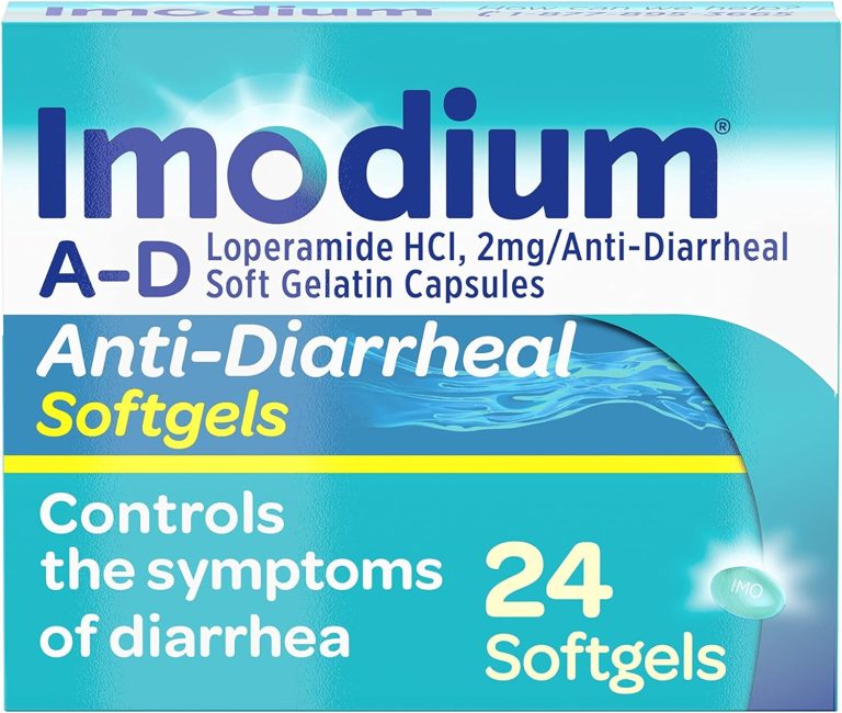 TENA Imodium A-D Anti-Diarrheal Medicine Softgels with 2 mg Loperamide Hydrochloride per Capsule, Diarrhea Relief to Help Control Symptoms Due to Acute, Active & Traveler’s Diarrhea, 24 ct.