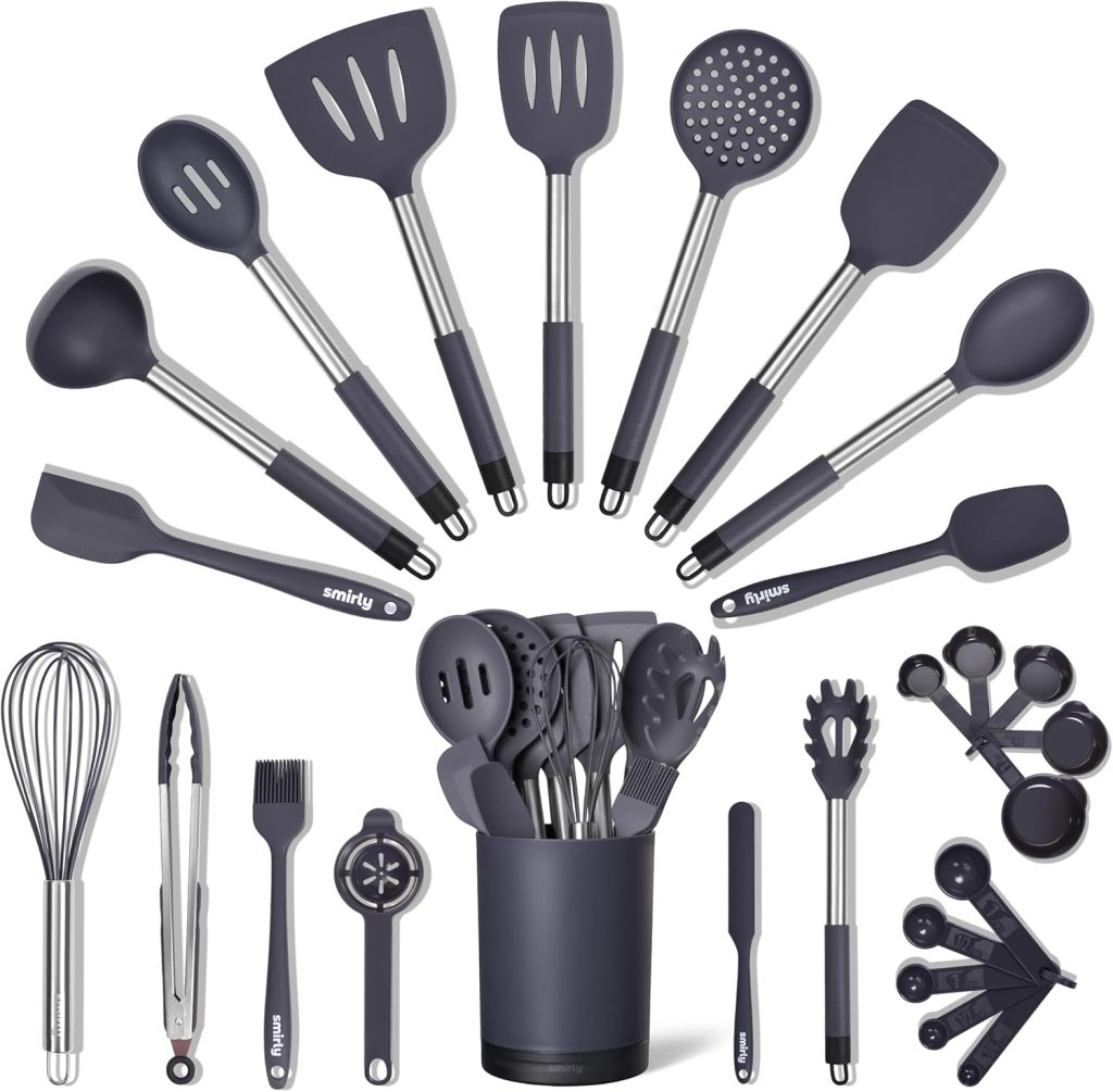 SMIRLY Silicone Kitchen Utensils Set with Holder – Silicone Cooking Utensils Set for Nonstick Cookware, Kitchen Spatula Set & Kitchen Essentials, Home Kitchen Tools & Accessories Set – Grey SMIRLY Silicone Kitchen Utensils Set with Holder – Silicone Cooking Utensils Set for Nonstick Cookware, Kitchen Spatula Set & Kitchen Essentials, Home Kitchen Tools & Accessories Set – Grey