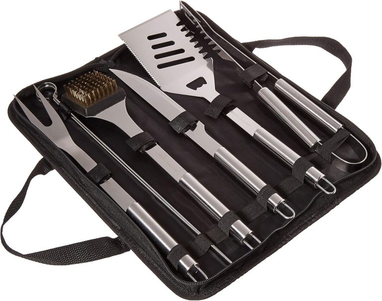 Home-Complete HC-1004 7 Grill Tool Kit-Stainless Steel BBQ Accessories Kitchen Set with Spatula, Tongs, Fork, Knife, Brush, Skewers, and Case, 8-Piece Travel, Silver