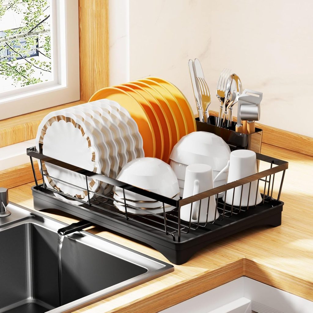 Dish Drying Rack for Kitchen Counter,Super Spacious&Compact Dish Rack,360° Rotary Spout, Cutlery/Tableware Holder,Rustproof Organizer Shelf with Drainboard,Black Sink Utensil Holder Dish Drying Rack for Kitchen Counter,Super Spacious&Compact Dish Rack,360° Rotary Spout, Cutlery/Tableware Holder,Rustproof Organizer Shelf with Drainboard,Black Sink Utensil Holder