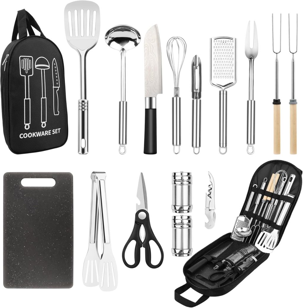 Camping Cooking Utensils Set, Stainless Steel Grill Tools, Camping BBQ Cookware Gear and Equipment for Travel Tenting RV Van Picnic Portable Kitchen Essentials Accessories Camping Cooking Utensils Set, Stainless Steel Grill Tools, Camping BBQ Cookware Gear and Equipment for Travel Tenting RV Van Picnic Portable Kitchen Essentials Accessories