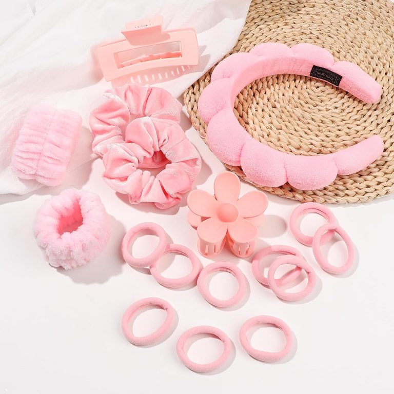 Ivyu Spa Headbands for Women Face Washing Pink Gifts for Women Self Skincare Makeup Hair Band Terry Cloth Towel Puffy Headband and Wristband Hair Claw Clips Set