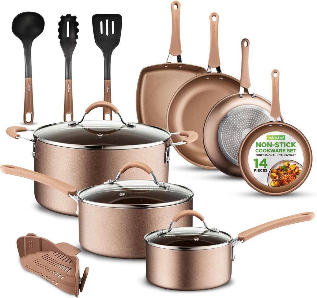 NutriChef 14-Piece Nonstick Cookware PFOA/PFOS-Free Heat Resistant Lacquer Kitchen Ware Set w/Saucepan, Frying Pans, Cooking, Dutch Oven Pot, Lids, Utensils, NCCW14S, Shiny Golden NutriChef 14-Piece Nonstick Cookware PFOA/PFOS-Free Heat Resistant Lacquer Kitchen Ware Set w/Saucepan, Frying Pans, Cooking, Dutch Oven Pot, Lids, Utensils, NCCW14S, Shiny Golden