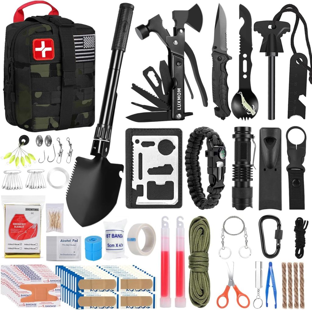 LUXMOM Survival Kit and First Aid Kit, 142Pcs Professional Survival Gear and Equipment with Molle Pouch, for Men Camping Outdoor Adventure/Gifts for Men Dad Christmas LUXMOM Survival Kit and First Aid Kit, 142Pcs Professional Survival Gear and Equipment with Molle Pouch, for Men Camping Outdoor Adventure/Gifts for Men Dad Christmas