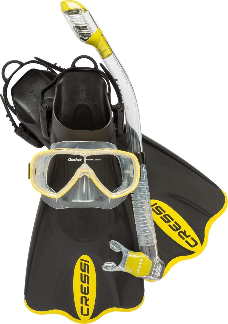 Cressi Light Weight Premium Travel Snorkel Set for All Ages- Adjustable Fins + Silicone Mask + Dry Snorkel – Palau SAF Set: Made in Italy