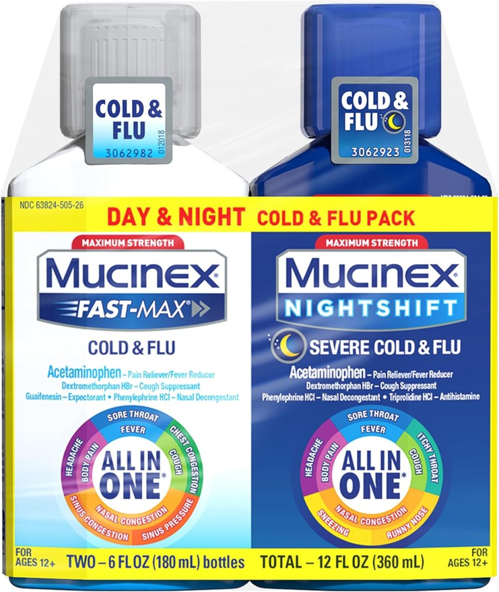 Mucinex Fast-Max Cold and Flu & Nightshift Severe Cold and Flu Medicine for Adults, Over-the-Counter Medication Combo Pack for Sore Throat Relief, Decongestant, Cough & Cold Medicines, 2 x 6 Fl Oz Mucinex Fast-Max Cold and Flu & Nightshift Severe Cold and Flu Medicine for Adults, Over-the-Counter Medication Combo Pack for Sore Throat Relief, Decongestant, Cough & Cold Medicines, 2 x 6 Fl Oz