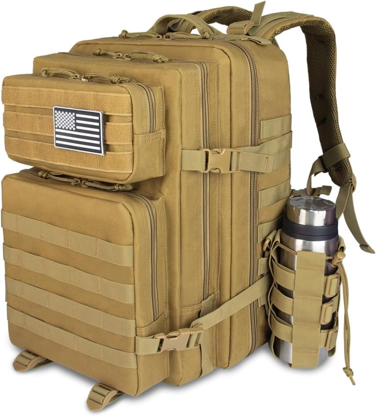 45L Military Tactical Backpack For Men Highland Assault Large Army Pack 3 Day Molle Bug Out Bag With Water Cup Bag Outdoor Camping Hiking Daypack khaki Rucksack