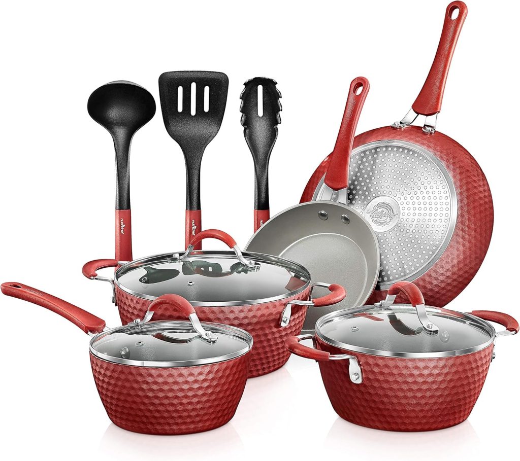 NutriChef 11-Pcs Non-Stick Kitchenware Pots & Pans – Stylish Kitchen Cookware Set w/Elegant Diamond Pattern, Gray Inside & Red Outside, Cool-Touch Handles NutriChef 11-Pcs Non-Stick Kitchenware Pots & Pans – Stylish Kitchen Cookware Set w/Elegant Diamond Pattern, Gray Inside & Red Outside, Cool-Touch Handles